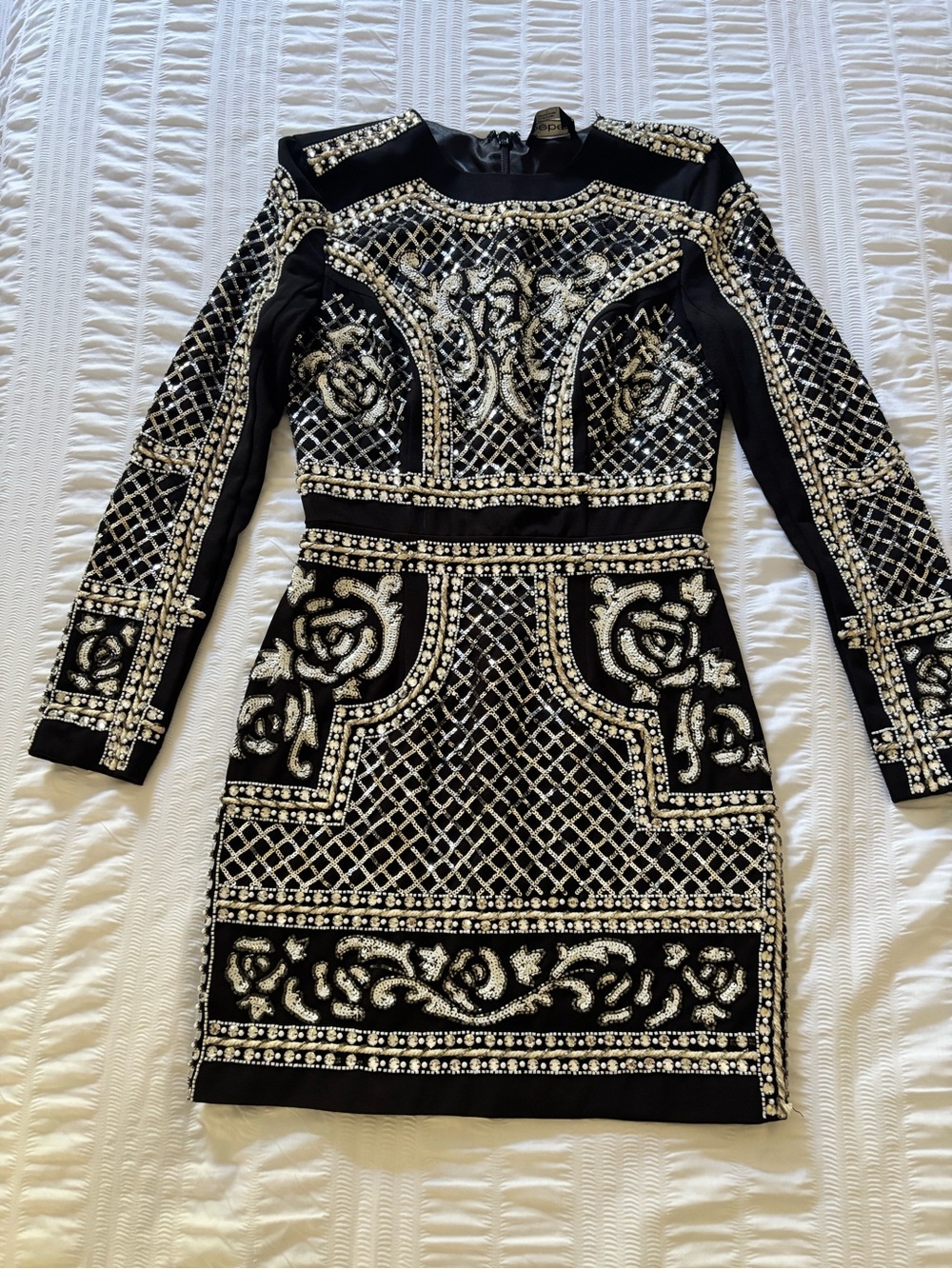 bebe Black Long-Sleeve Embellished Mini Dress with Silver Detailing